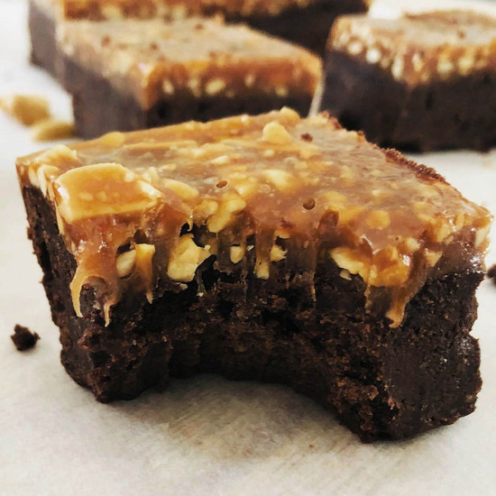 Fudgy Brownies with Salted Caramel and Peanuts